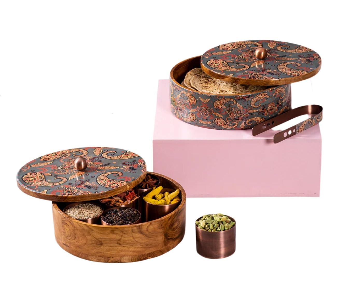 set of 2 wooden with epoxy print matching casserole and spice box for kitchen/gift item, color : grey